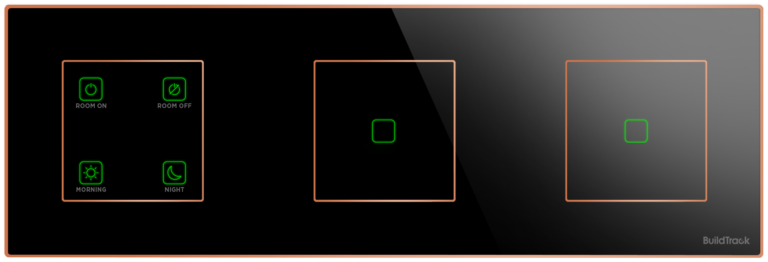 Figure: This shows a 4 PROFILE key module on the left, with some individual light switches all present in the same Switch Panel