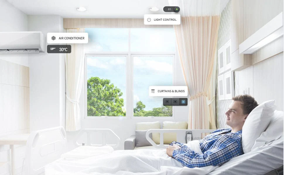 BuildTrack allows Smart App to control all aspects of the patient room, lighting, AC, Curtain/Blinds etc.
